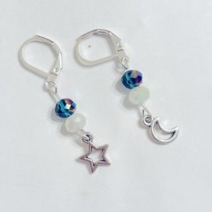Moon and star handmade 925 sterling silver charm earrings dark blue